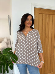 Mocha Polka Dot Button Top Mercy