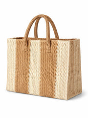 Camel Striped Straw Weave Tote Bag