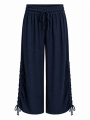 Navy Ruched Drawstring Wide Leg Trousers