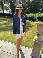 Navy Textured Lace Hem Shirt Dina