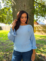 Light Blue Applique Ruffle Sleeve Knit Crystal