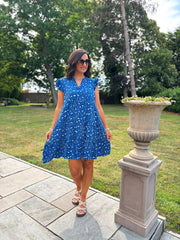 Royal Blue Bubble Cotton Leopard Dress Crystal
