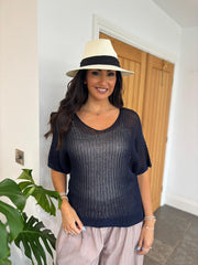 Navy Short Sleeve Loose Knit Kirsty