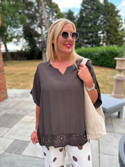 Chocolate Sequin Trim Top Astrid