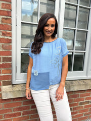 Denim Asymmetric Panel Flower Top Adele