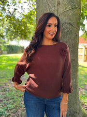 Chocolate Applique Ruffle Sleeve Knit Crystal
