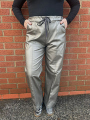 Pewter Wide Leg Seam Front Pleather Trousers