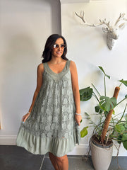 Khaki Mesh Floral Lace Dress Gabriella