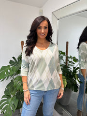 Sage V Neck Argyle Print Top Izzy