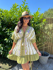 Olive Multi Print Kaftan Tunic Dress Fern