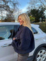 Navy Boucle High Neck Bomber Jacket Jude