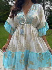 Blue Tiered Golden Leaf Kaftan Dress Molly