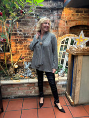 Grey Shimmer Stripe Gathered Top Flora