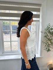White Broderie Hem Crochet Vest Emma