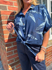 Navy Sketched Leaf Tie Front Blouse Brielle