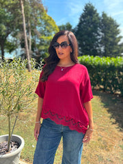 Red Asymmetric Lace Trim Top Maria