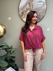 Wine Tie Front Blouse Brielle
