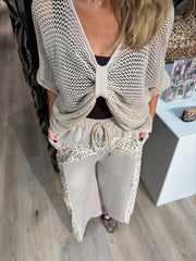 Stone Cropped Sequin Panel Wide Leg Trousers