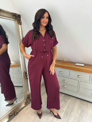 Wine Wide Leg Collared Jumpsuit Carrie