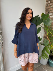 Navy Bubble Cotton Pocket Blouse Carol