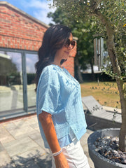 Blue Striped Textured Linen Top Anais