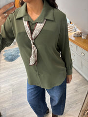 Khaki Scarf Detail Blouse Belle