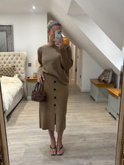 Tan Button Detail Two Piece Skirt Set Jenny