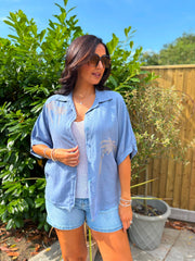 Denim Linen Studded Palm Shirt Ruby