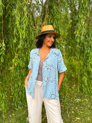 Blue Bubble Cotton Paisley Short Sleeve Shirt Jackie