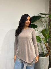 Mocha Ruched Lace Trim Top Janet