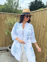 Blue Coral Print Longline Shirt Kelly