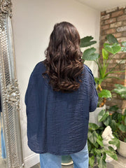 Navy Fringed Button Sleeve Shirt Tanya