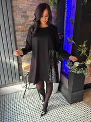 Black Sequin Panel Sweatshirt Dress Olive