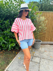 Neon Pink Puff Sleeve Striped Top Erin