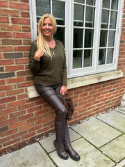 Khaki Open Collar Jumper Rhea