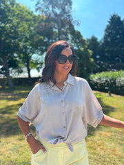 Stone Linen Studded Palm Shirt Ruby