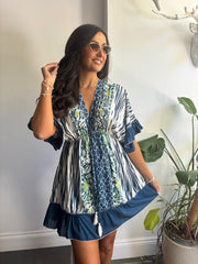 Navy Multi Print Kaftan Tunic Dress Fern
