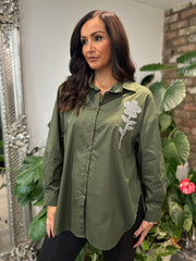 Khaki Diamante Flower Shirt Kristie