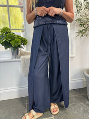 Navy Tie Detail Wrap Trousers