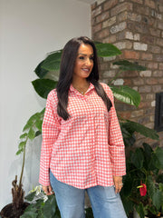 Coral Button Sleeve Gingham Blouse Opal