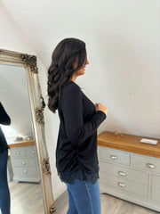 Black Ruched Lace Trim Top Janet