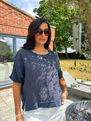 Navy Striped Textured Linen Top Anais