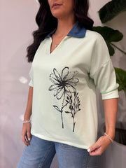 Mint Collared Flower Sweatshirt Angel