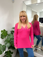 Lipstick Ribbed Long Sleeve Lace V Neck Erin