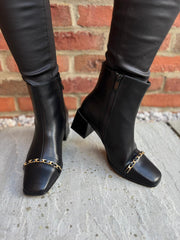 Black Chain Front Block Heel Boots