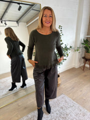 Khaki Long Sleeve Fringed Knit Amara
