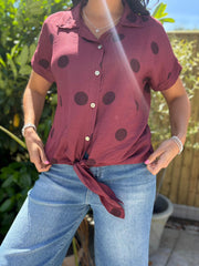 Wine Polka Dot Tie Front Blouse Tiana