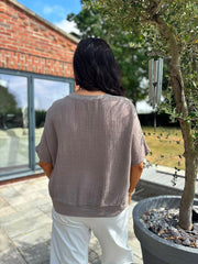 Mocha Striped Textured Linen Top Anais