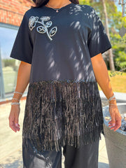 Black Fringed Floral Tunic Corrine