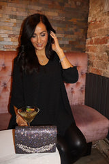 Black Diamante V Neck Top Selina